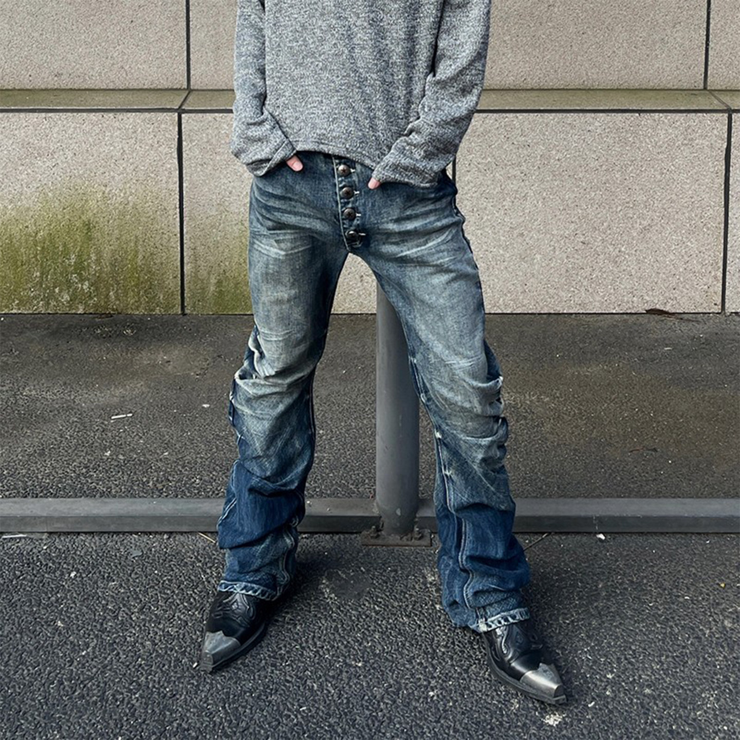 thumbnail for American high street retro vibe breasted pleated scimitar jeans men's straight slim casual pile pants trendy brand