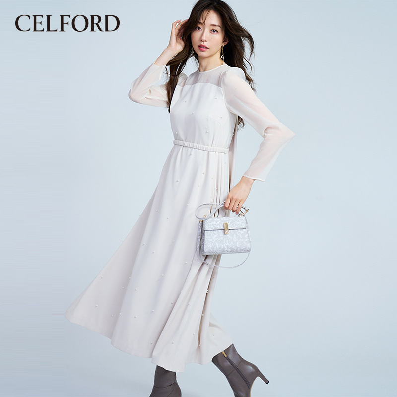 CELFORD2023春夏新品 气质优雅珍珠饰雪纺拼接连衣裙女CWFO231027