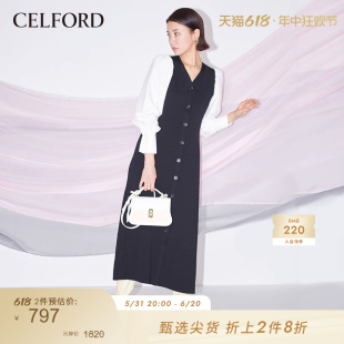 针织长连衣裙CWNO221112 拼接修身 甜美泡泡袖 CELFORD春夏