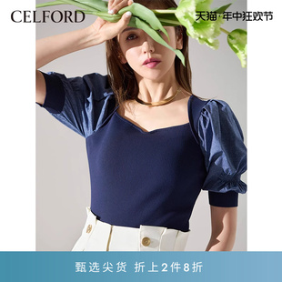 CWNT222046 拼接方领针织衫 优雅简约泡泡袖 CELFORD春夏