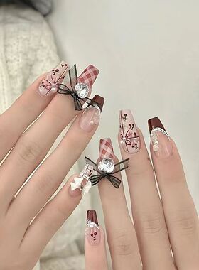 半手工辣妹穿戴甲贴片黑色法式美甲蝴蝶结可拆卸甲片手工成品显白