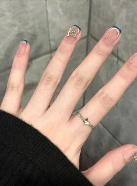 2024新款美甲穿戴甲可贴可拆卸蓝色法式猫眼蝴蝶气质显白可爱学生