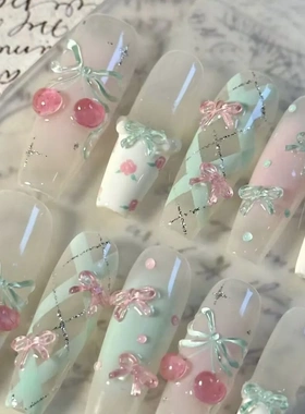 Maxfine薄荷玫瑰花园春夏美甲甜美风美甲立体蝴蝶结樱桃穿戴甲片