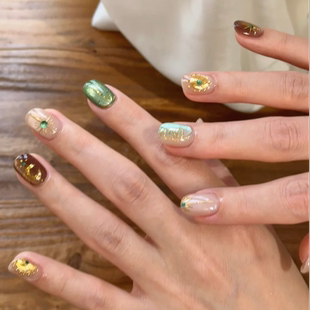 显白气质猫眼半手工穿戴甲夏日新款 甲片美甲富贵太阳神可拆卸 短款