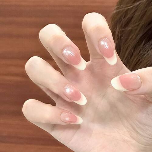 温柔气质蜜桃法式清透玻璃珠猫眼简约可拆卸美甲贴片氛围感白桃色