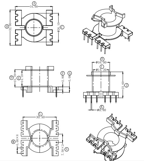 PQ3225 PQ3325磁芯骨架立式6+6针高频变压器电源材料