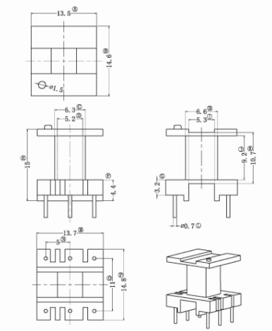 EE19高频变压器磁芯骨架配套立式3+3针排距11mm脚距5mm电源材料