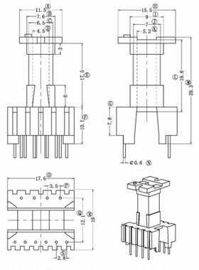 EEL16高频变压器铁氧体磁芯电木骨架立式4+6针排距12.1mm