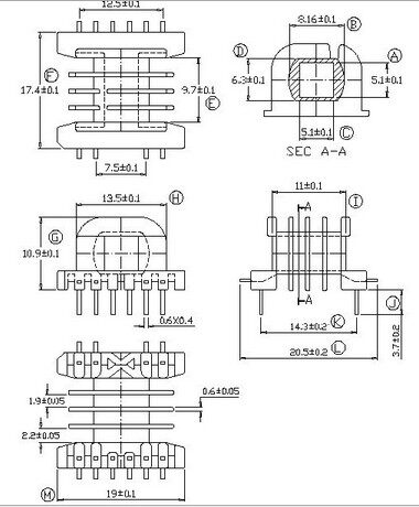 EE19高频变压器磁芯四槽骨架卧式4+6针七字L脚