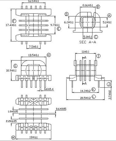 EE19铁氧体磁芯四槽骨架卧式4+6针七字L脚高频变压器材料