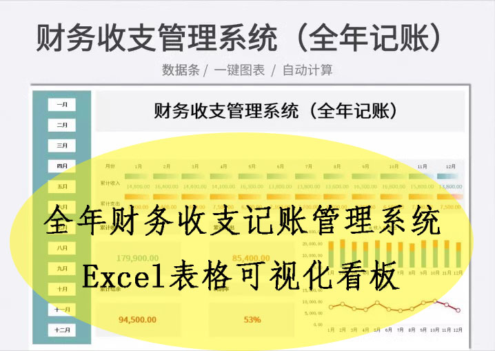 全年财务收支记账管理系统excel表格可视化看板1-12月全年记账