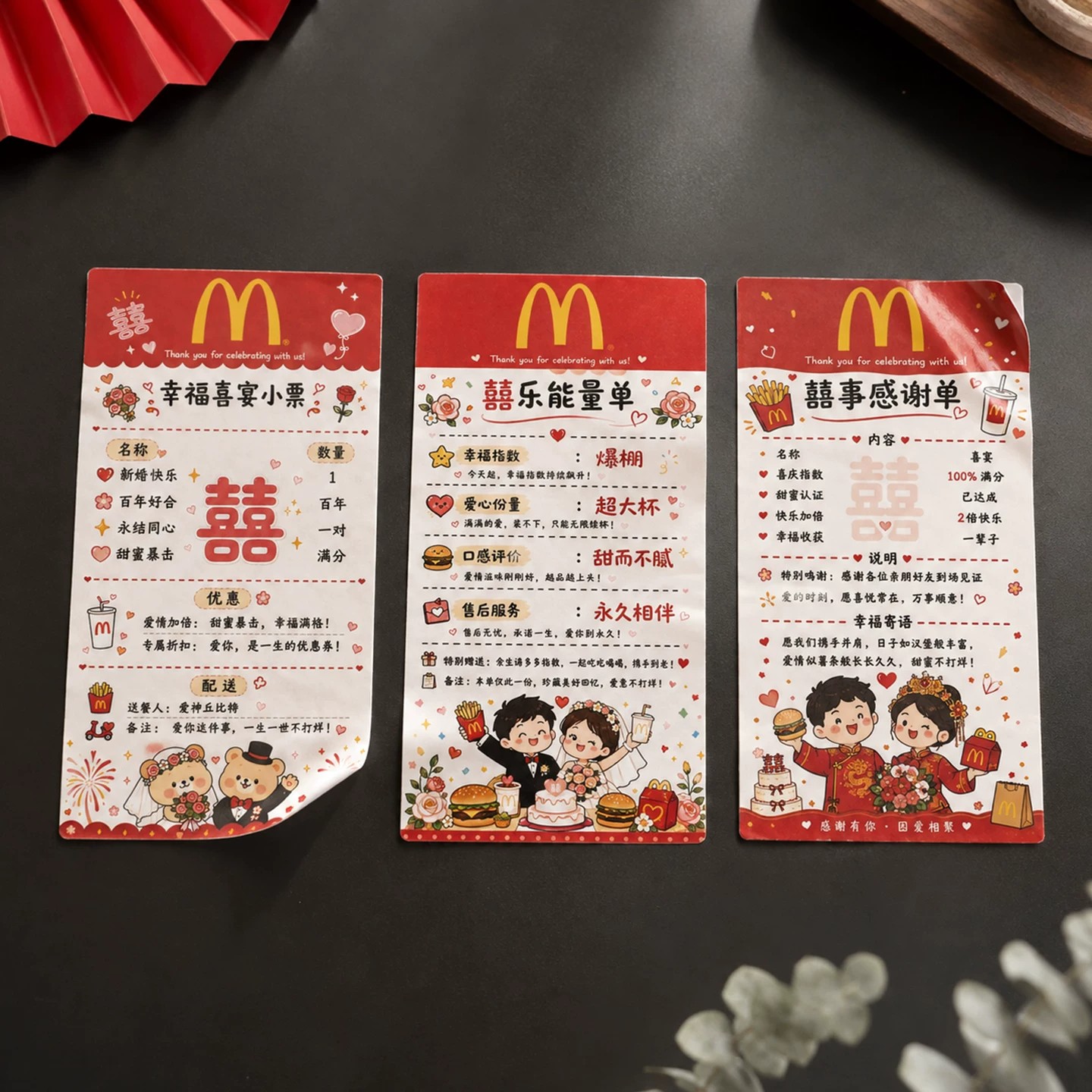 麦当劳小票婚礼贴纸现货备婚喜礼喜糖袋子贴画结婚牛皮纸袋封口贴
