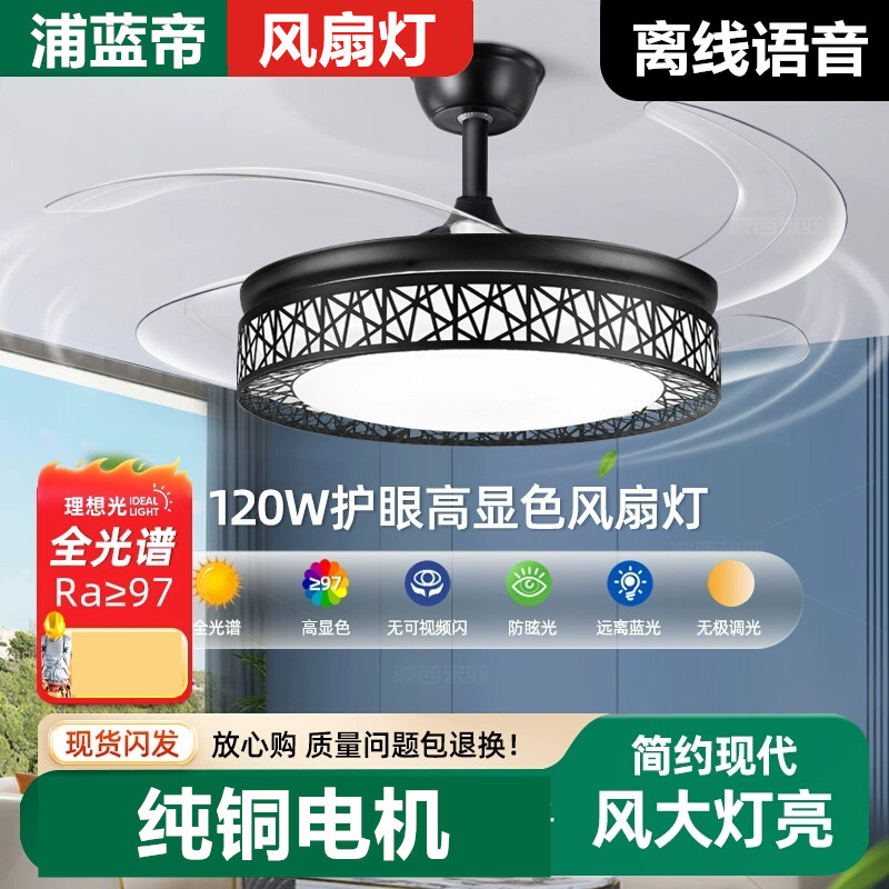 北欧隐形风扇灯吊扇灯带电扇灯一体家用餐厅客厅变频静音黑色2025