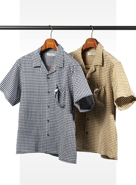 SOFT CONTAINER 格纹泡泡纱宽松古巴领短袖衬衫RADIANCE-Blue