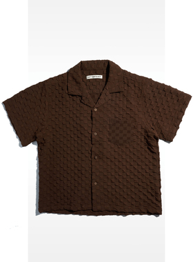 SOFT CONTAINER 棋盘格泡泡纱宽松古巴领短袖衬衫男RADIANCE-Blue