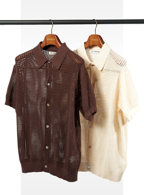 SOFT CONTAINER 镂空针织翻领短袖衬衫男RADIANCE-Blue