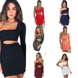 sleeved dress单肩长袖 hip pleated 包臀抽皱连衣裙 hugging Long