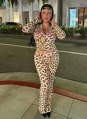 Leopard high waisted tight pants set 豹纹高腰紧身长裤套装女