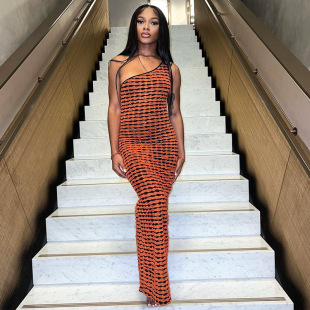 Shoulder 拼布斜肩无袖 Sleeveless 新款 连衣裙长裙 Dress Oblique