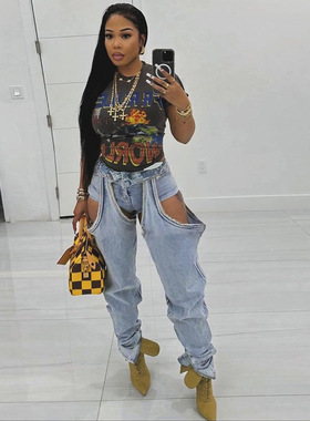 Sexy high waisted patchwork slim fit jeans性感高腰拼接牛仔裤