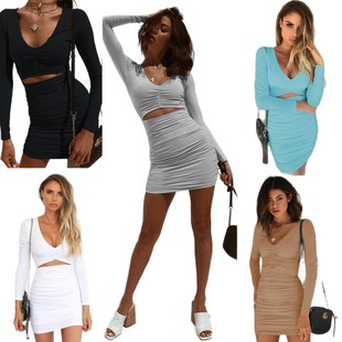 neck 性感长袖 long V领连衣裙女 dress sleeved fit Sexy slim