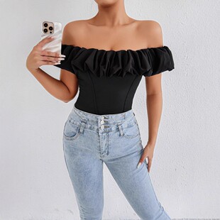 Slim fit one neck off shoulder T-shirt修身气质一字领露肩T恤