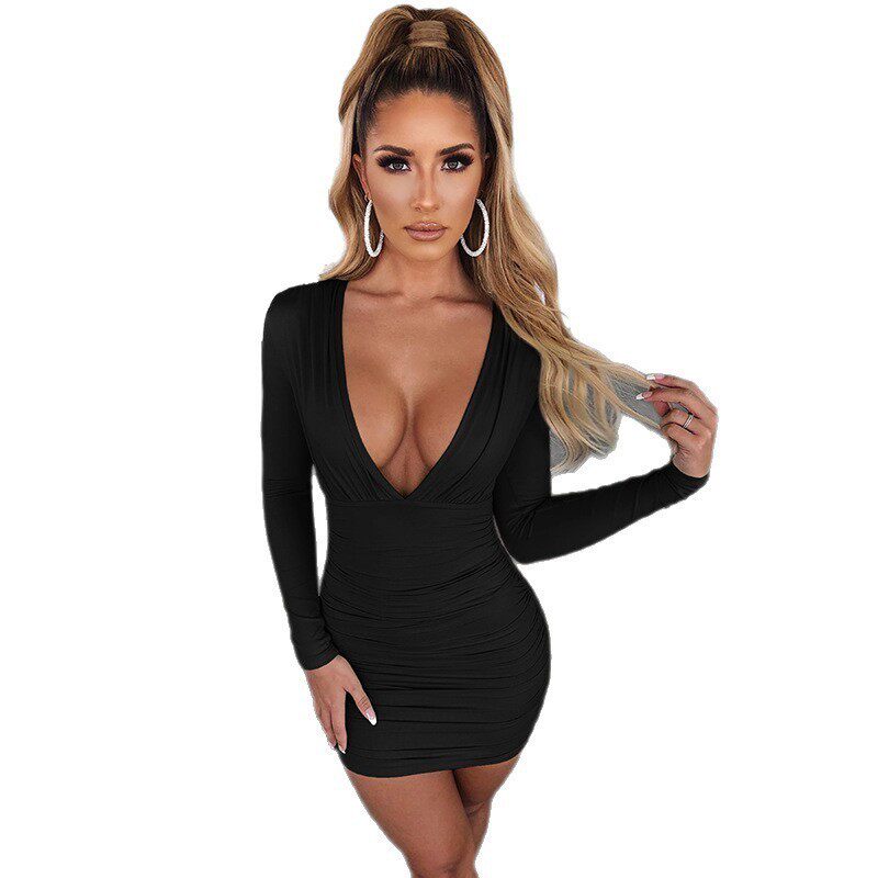 性感深V褶皱包臀连衣裙