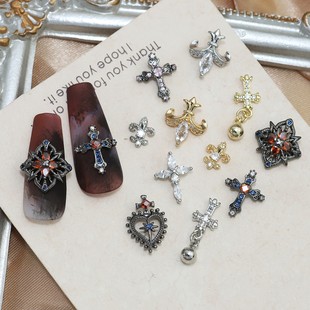 复古十字架美甲锆石饰品金属铜镶锆克罗心红钻网红黑色指甲饰品钻