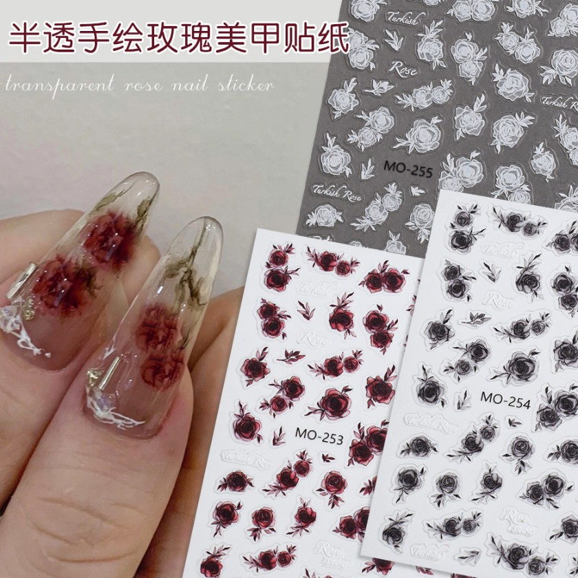 美甲玫瑰花贴纸半透明仿手绘网红款百搭黑白色血色酒红花朵指甲贴