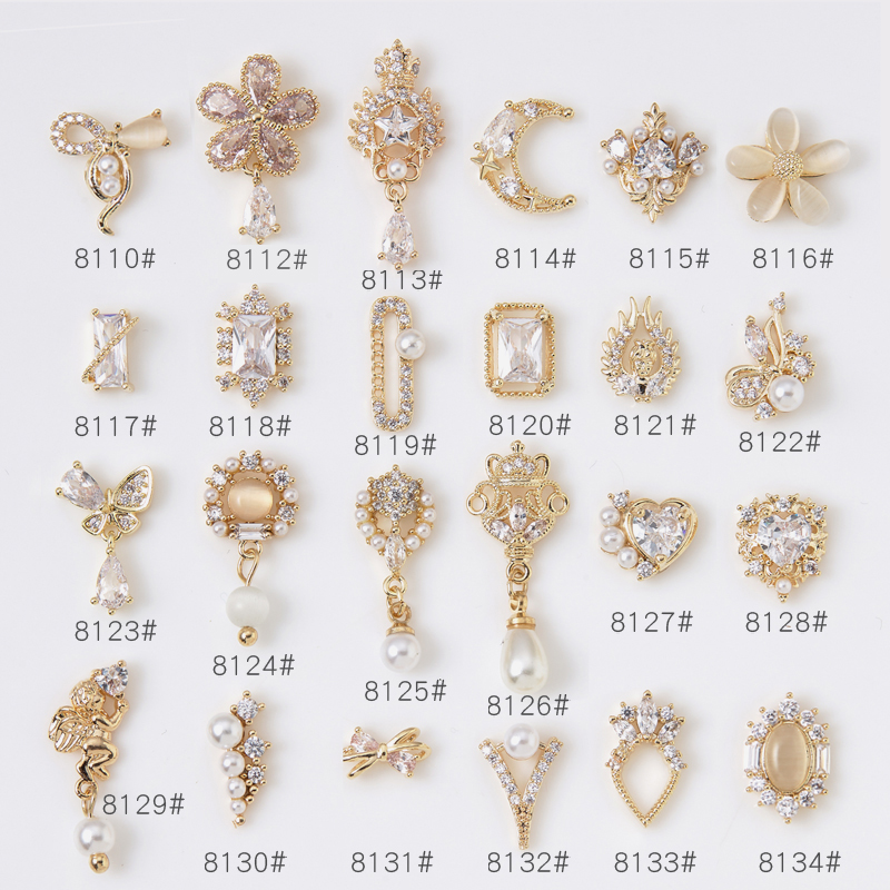 新款轻奢美甲金属镶钻锆石网红款指甲饰品珍珠吊坠蝴蝶结小花爱心