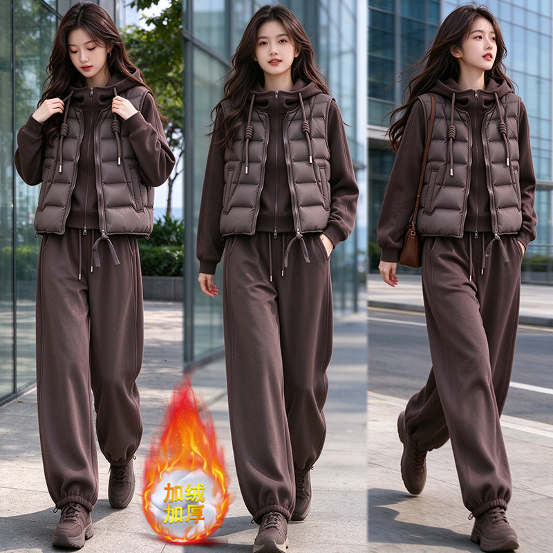 时尚休闲运动套装女2026秋冬加绒保暖连帽卫衣马甲阔腿裤三件套