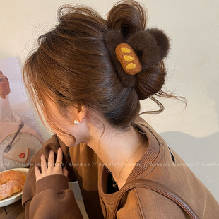 毛绒卡通头发抓夹女发量少高级感2025新款后脑勺AB面半扎发鲨鱼夹