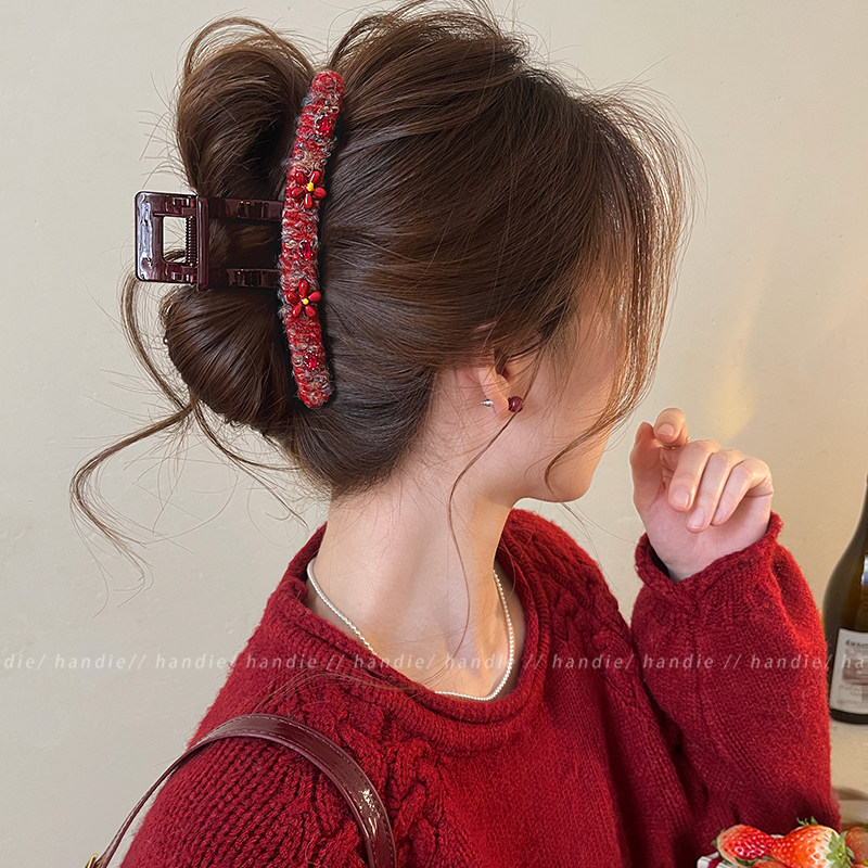 简约红色花朵抓夹女高级感鲨鱼夹2025新款大号发夹新年氛围感发饰,饰品/流行首饰/时尚饰品新,发饰,淘宝优惠券,粉丝福利购,淘宝优惠卷