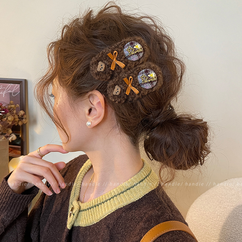 卡通小熊毛绒发夹女侧边夹可爱百搭发卡2025新款高端刘海夹子头饰