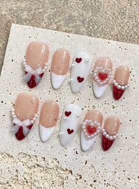 纯手工穿戴甲ins风法式蝴蝶结手绘高级红色猫眼百搭显白款可