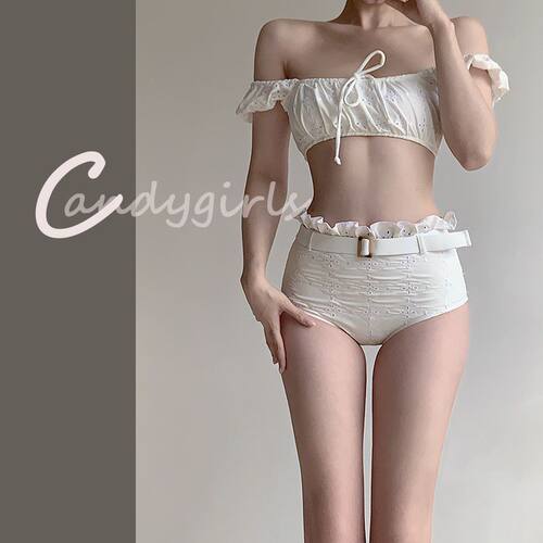 Candygirls白色高级感绝美分体高腰遮肚女生泡温泉泳衣一字肩泳装