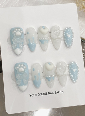 暴兔丸手工美甲 甜酷 风蓝色可爱蝴蝶结猫爪穿戴甲成品贴片百搭款
