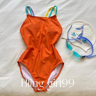 新款 亮色显白橙色连体三角低叉游泳衣女竞速运动专业夏 果粒橙