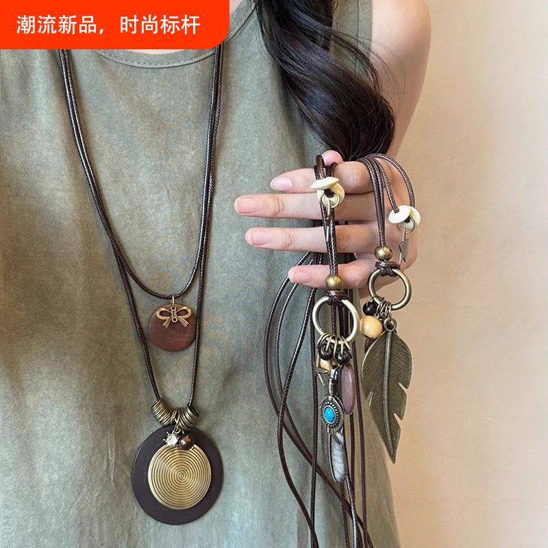新中式禅意长款羽毛项链女复古民族风叠戴毛衣链新款波西米亚配饰
