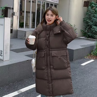 25新款女羽绒服外套白鸭绒韩系抽绳收腰连帽过膝长款时尚休闲保暖