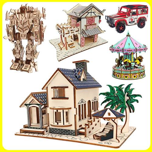 直销木制拼图立体3D建筑模型学校手工课节日活动玩具