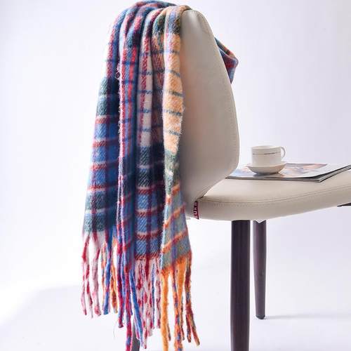 新款秋冬彩虹格子围巾女高级感流苏披肩围脖仿围巾冬天爆款定制