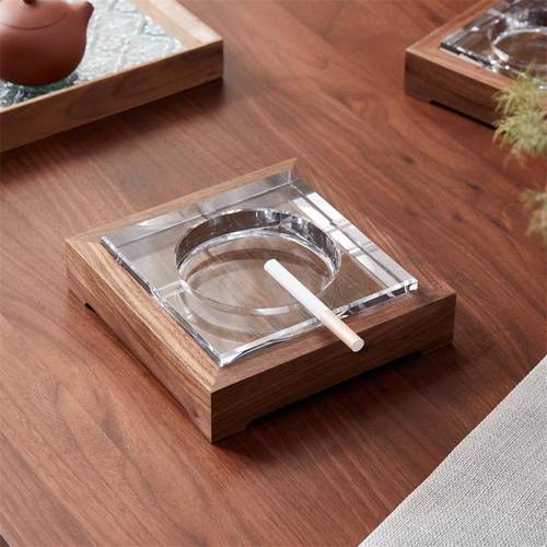 新中式胡桃木客厅家用烟灰缸 办公室创意方形木质水晶烟灰缸定制