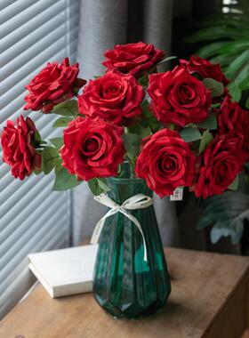 仿真玫瑰花绢花 家居客厅装饰摆件人造单支红色玫瑰假花束定制