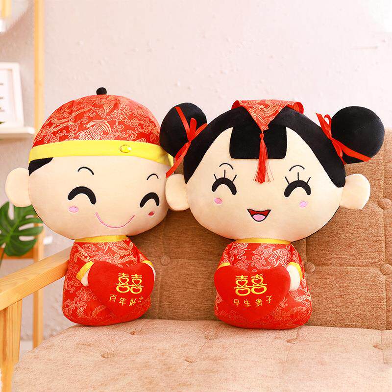 厂家热销新品婚礼双喜抱枕娃娃婚礼毛绒玩具一对压床娃娃情侣摆件