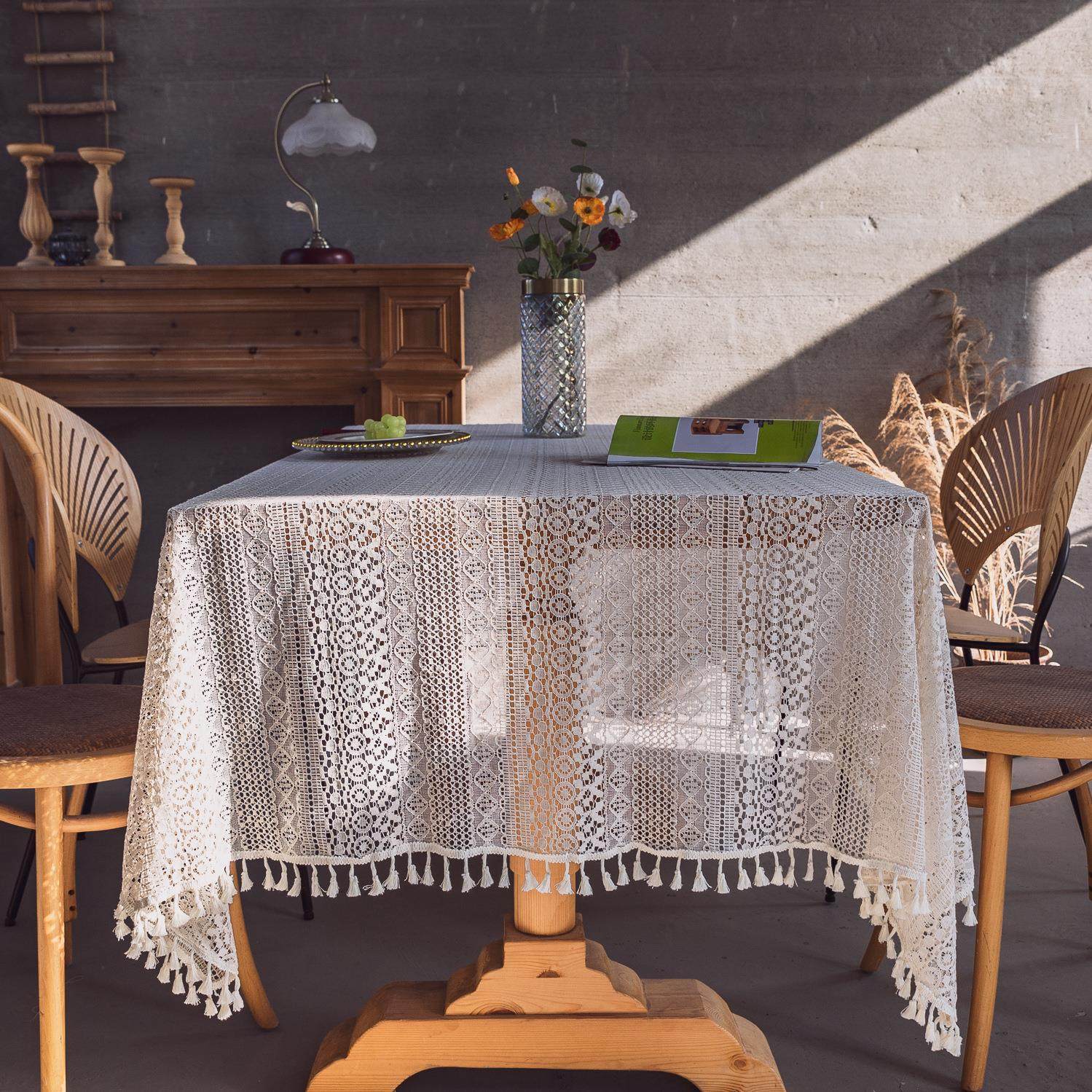 ins流苏桌布 法式编织镂空书桌面装饰餐桌垫钩针蕾丝铜钱盖布定制