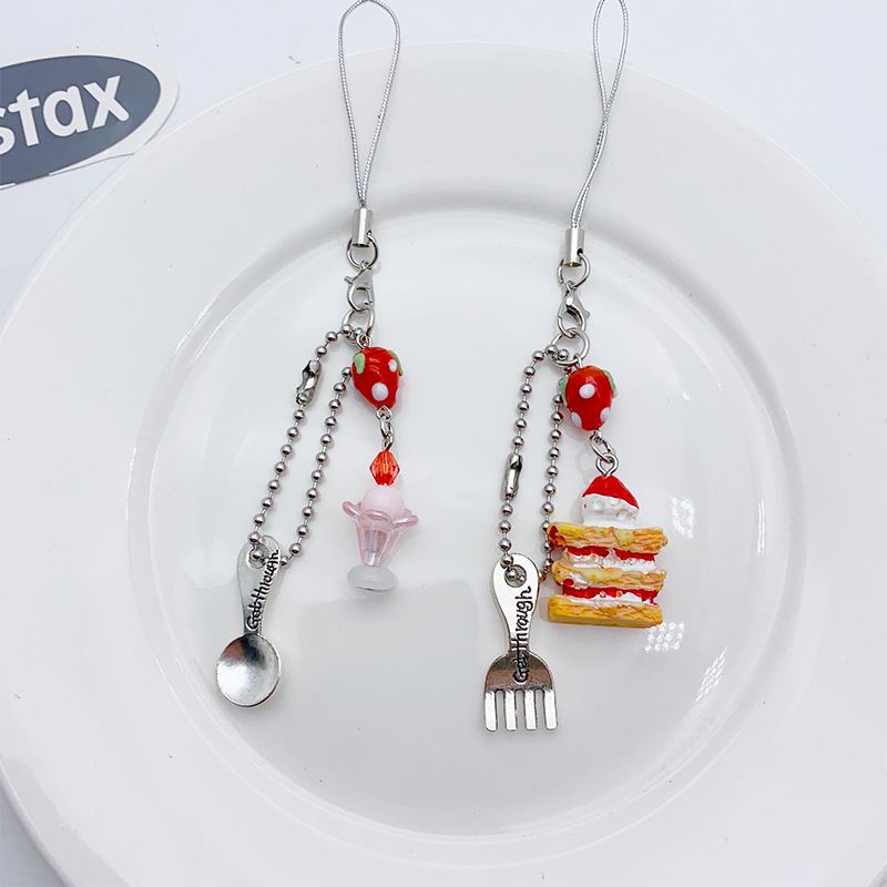 趣味创意手作草莓小蛋糕串珠金属小叉子冰激凌小勺子手机链挂件潮