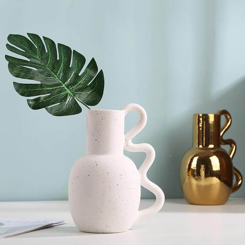 现代简约陶瓷花瓶摆件干花插花器创意艺术客厅样板间带耳摆件装饰