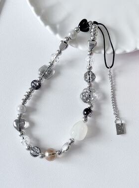 ins甜酷灰色玫瑰花手机链短款小众黑白色系复古挂绳ccd相机挂件