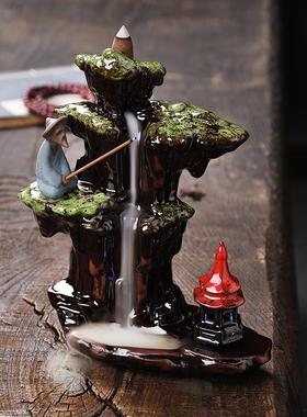 跨境新品陶瓷倒流香炉创意高山流水渔翁回流香薰炉家居摆件倒流香
